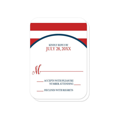 Navy Circle Red Stripe Nautical RSVP Cards (with rounded corners) at Artistically Invited.