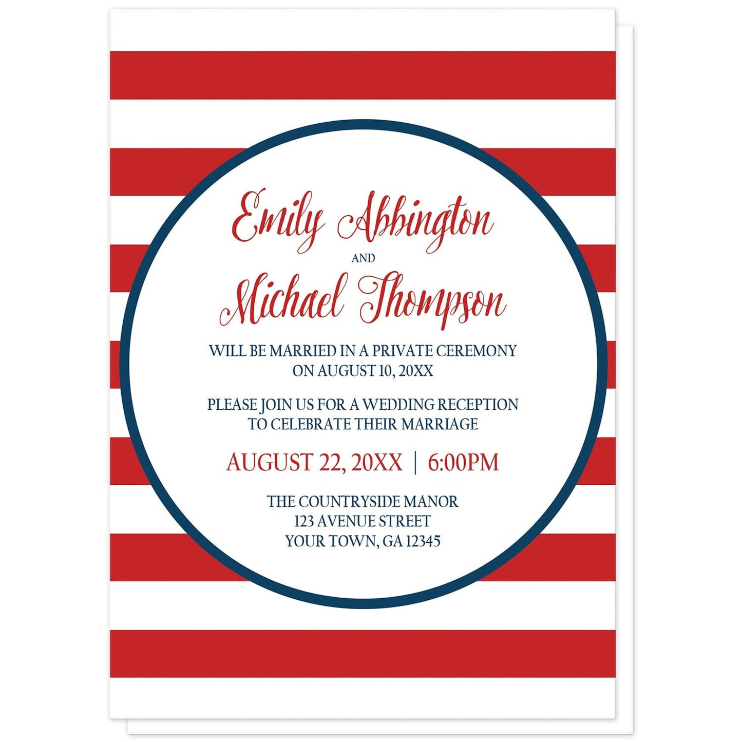 Navy Circle Red Stripe Nautical Reception Only Invitations at Artistically Invited. Navy circle red stripe nautical reception only invitations with your personalized post-wedding reception details custom printed in blue and red inside a white circle outlined in navy blue, over a red and white stripes pattern background. 