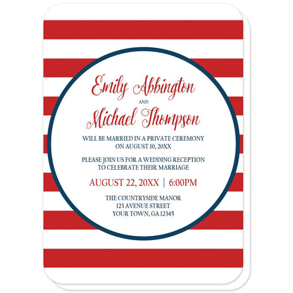 Navy Circle Red Stripe Nautical Reception Only Invitations (with rounded corners) at Artistically Invited. Navy circle red stripe nautical reception only invitations with your personalized post-wedding reception details custom printed in blue and red inside a white circle outlined in navy blue, over a red and white stripes pattern background. 