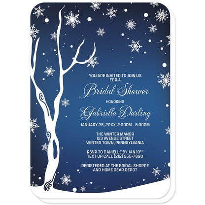 Navy Night Sky Snowflake Winter Bridal Shower Invitations (with rounded corners) at Artistically Invited. Gorgeous navy night sky snowflake winter bridal shower invitations with your bridal shower celebration details custom printed in white over a beautiful navy blue night sky background illustrated with a white winter tree, surrounded by white snowflakes. 