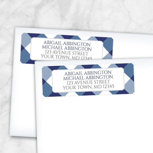 2 Navy Blue Gingham Address Labels shown on white envelopes on a marble surface