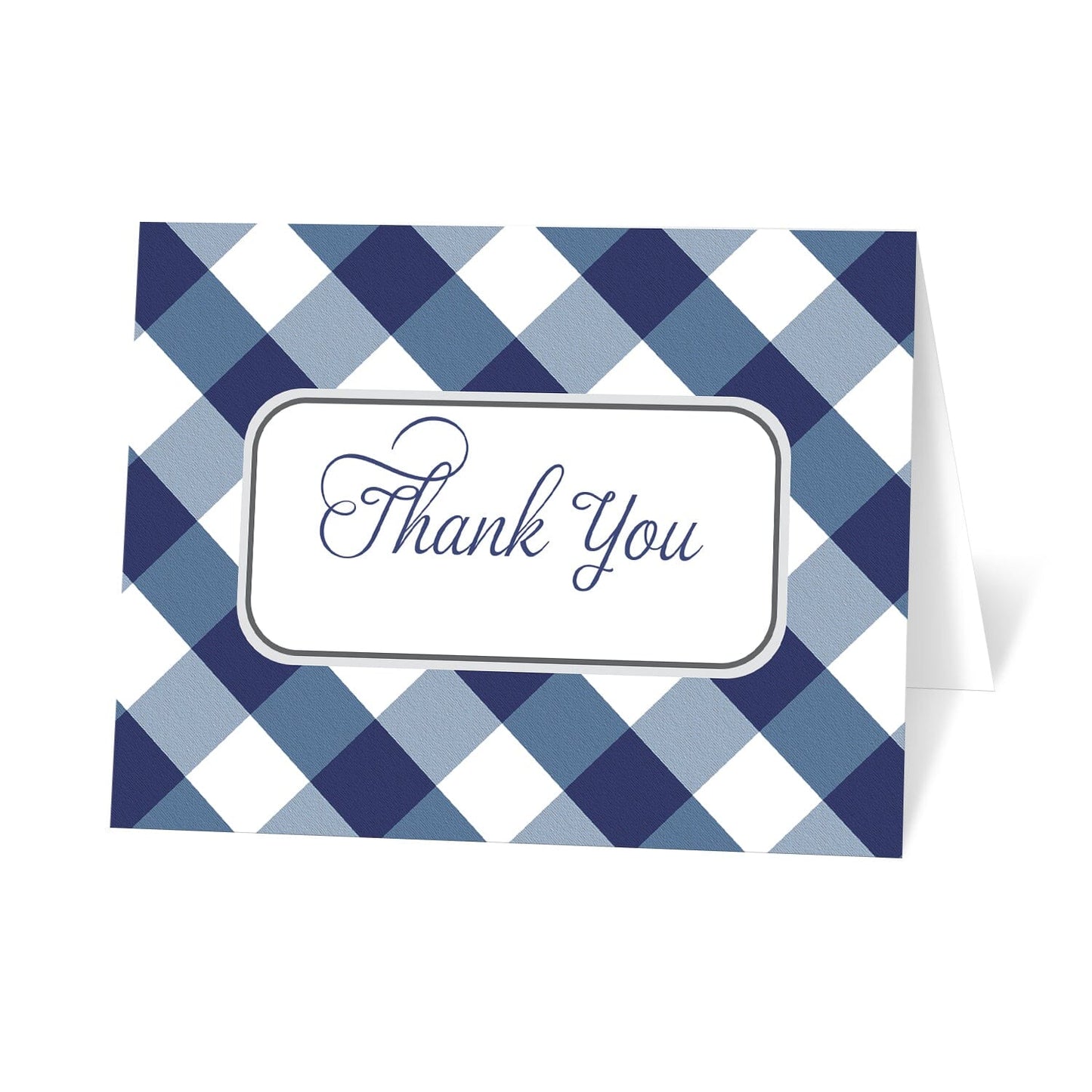 Navy Blue Gingham Thank You Cards, at Artistically Invited, with a navy blue and white check pattern design and "Thank You" on the front in blue script.
