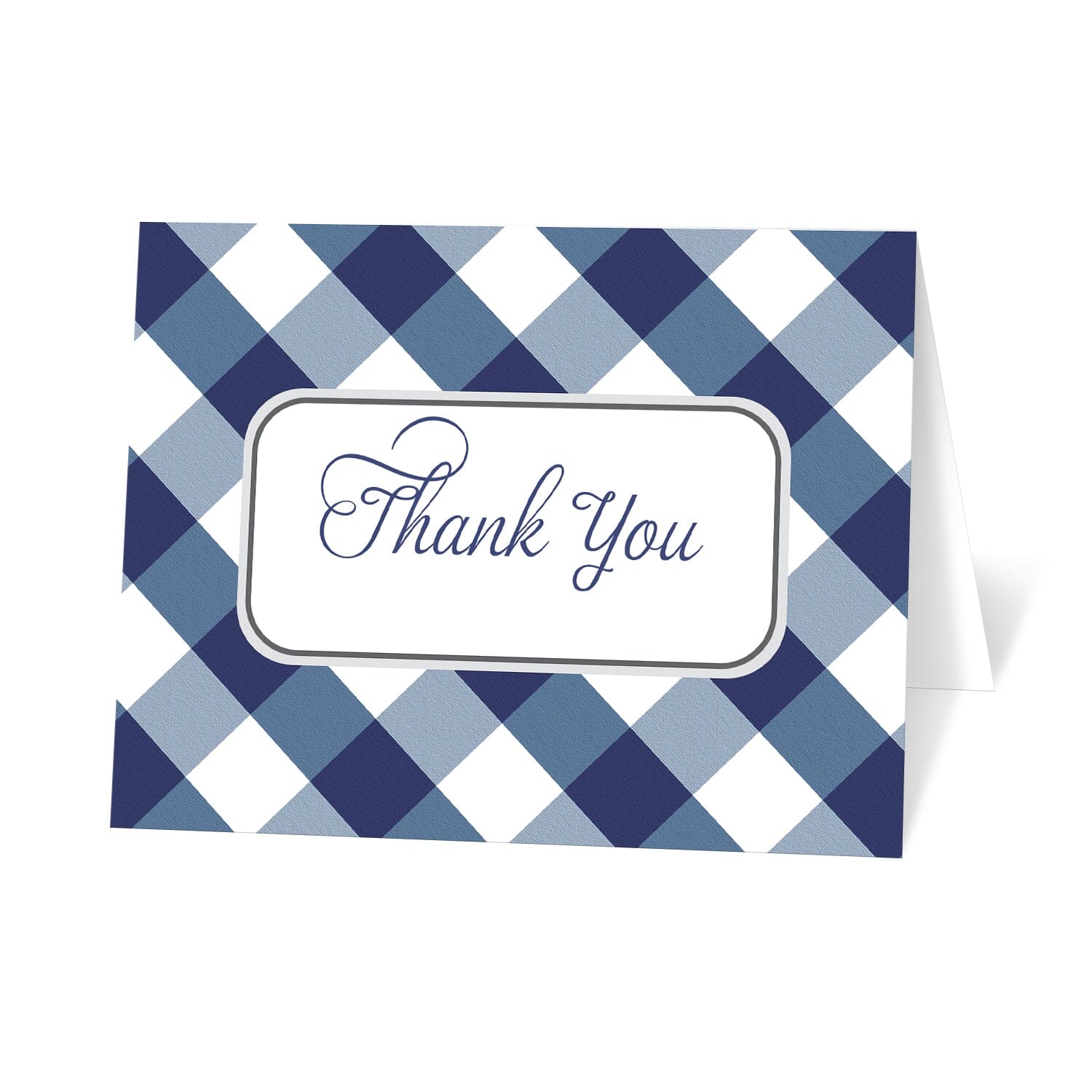 Navy Blue Gingham Thank You Cards, at Artistically Invited, with a navy blue and white check pattern design and "Thank You" on the front in blue script.