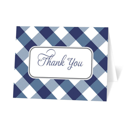 Navy Blue Gingham Thank You Cards, at Artistically Invited, with a navy blue and white check pattern design and "Thank You" on the front in blue script.