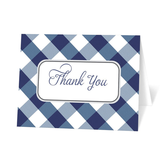 Navy Blue Gingham Thank You Cards, at Artistically Invited, with a navy blue and white check pattern design and "Thank You" on the front in blue script.