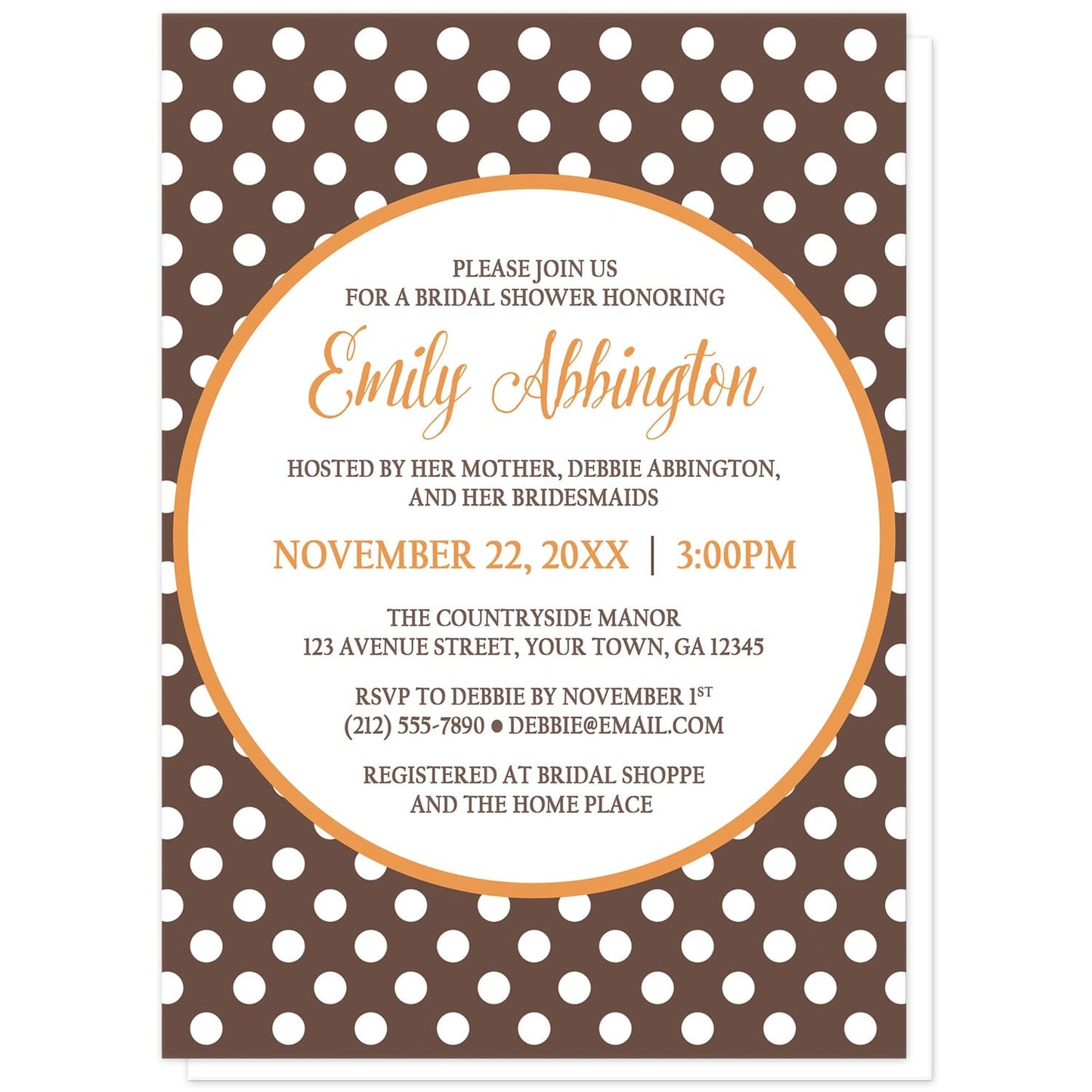 Orange Brown Polka Dot Bridal Shower Invitations at Artistically Invited. Autumn-inspired orange brown polka dot bridal shower invitations with your bridal shower celebration details custom printed in orange and brown inside a white circle outlined in orange, over a brown polka dot pattern. The bride-to-be's name and shower date are printed in orange while the remaining details are printed in brown.