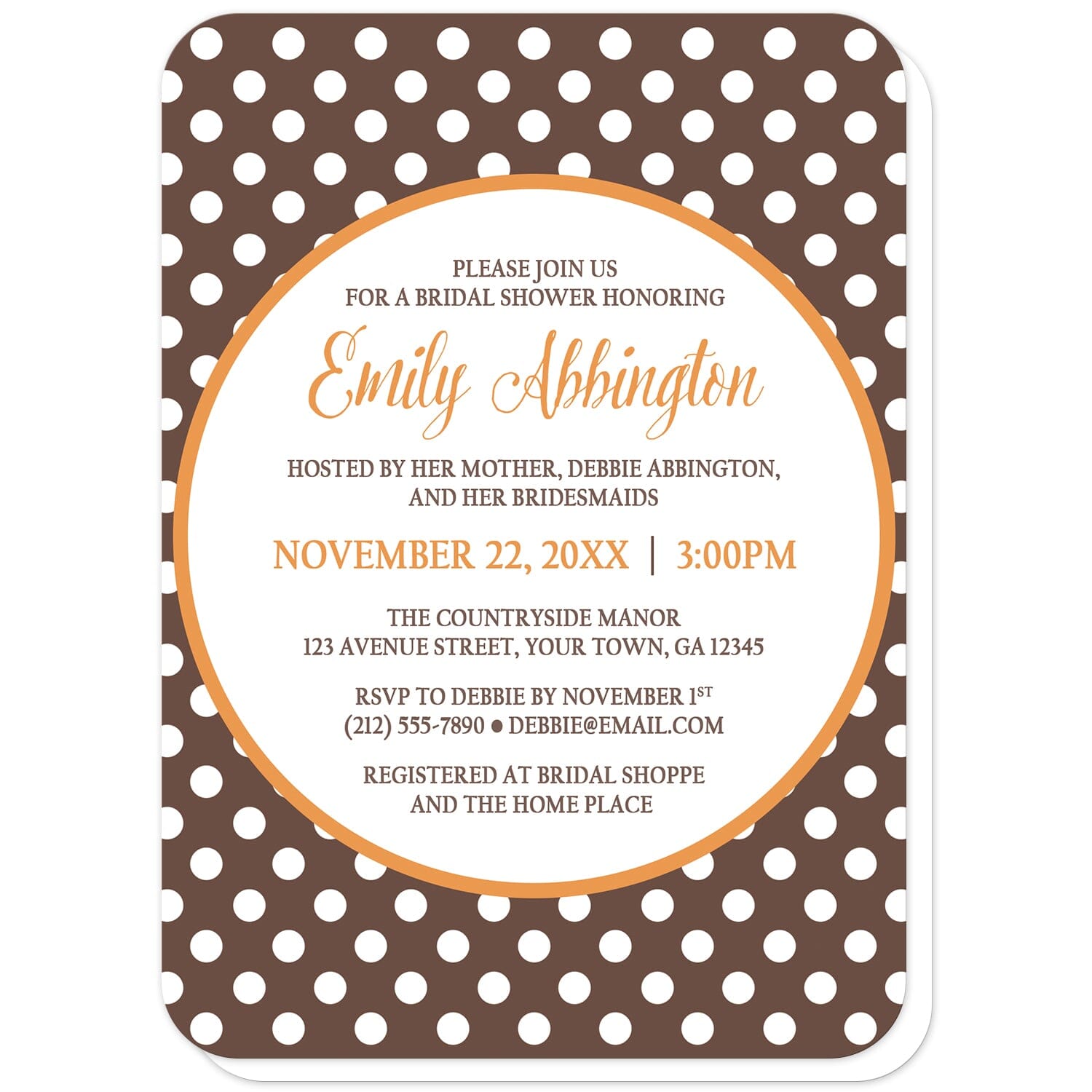 Orange Brown Polka Dot Bridal Shower Invitations (with rounded corners) at Artistically Invited. Autumn-inspired orange brown polka dot bridal shower invitations with your bridal shower celebration details custom printed in orange and brown inside a white circle outlined in orange, over a brown polka dot pattern. The bride-to-be's name and shower date are printed in orange while the remaining details are printed in brown.