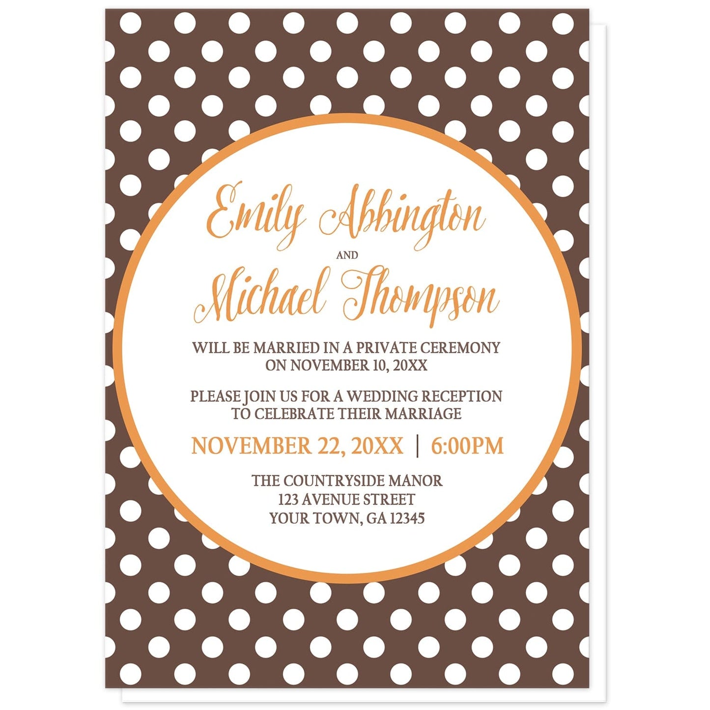 Orange Brown Polka Dot Reception Only Invitations at Artistically Invited. Autumn-inspired orange brown polka dot reception only invitations with your post-wedding reception details custom printed in orange and brown inside a white circle outlined in orange, over a brown polka dot pattern. The couple's names and reception date are printed in orange while the remaining details are printed in brown.