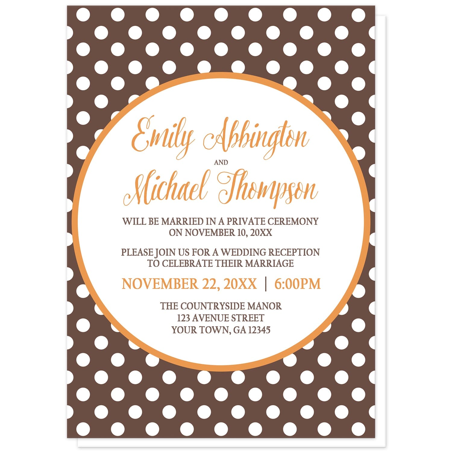 Orange Brown Polka Dot Reception Only Invitations at Artistically Invited. Autumn-inspired orange brown polka dot reception only invitations with your post-wedding reception details custom printed in orange and brown inside a white circle outlined in orange, over a brown polka dot pattern. The couple's names and reception date are printed in orange while the remaining details are printed in brown.