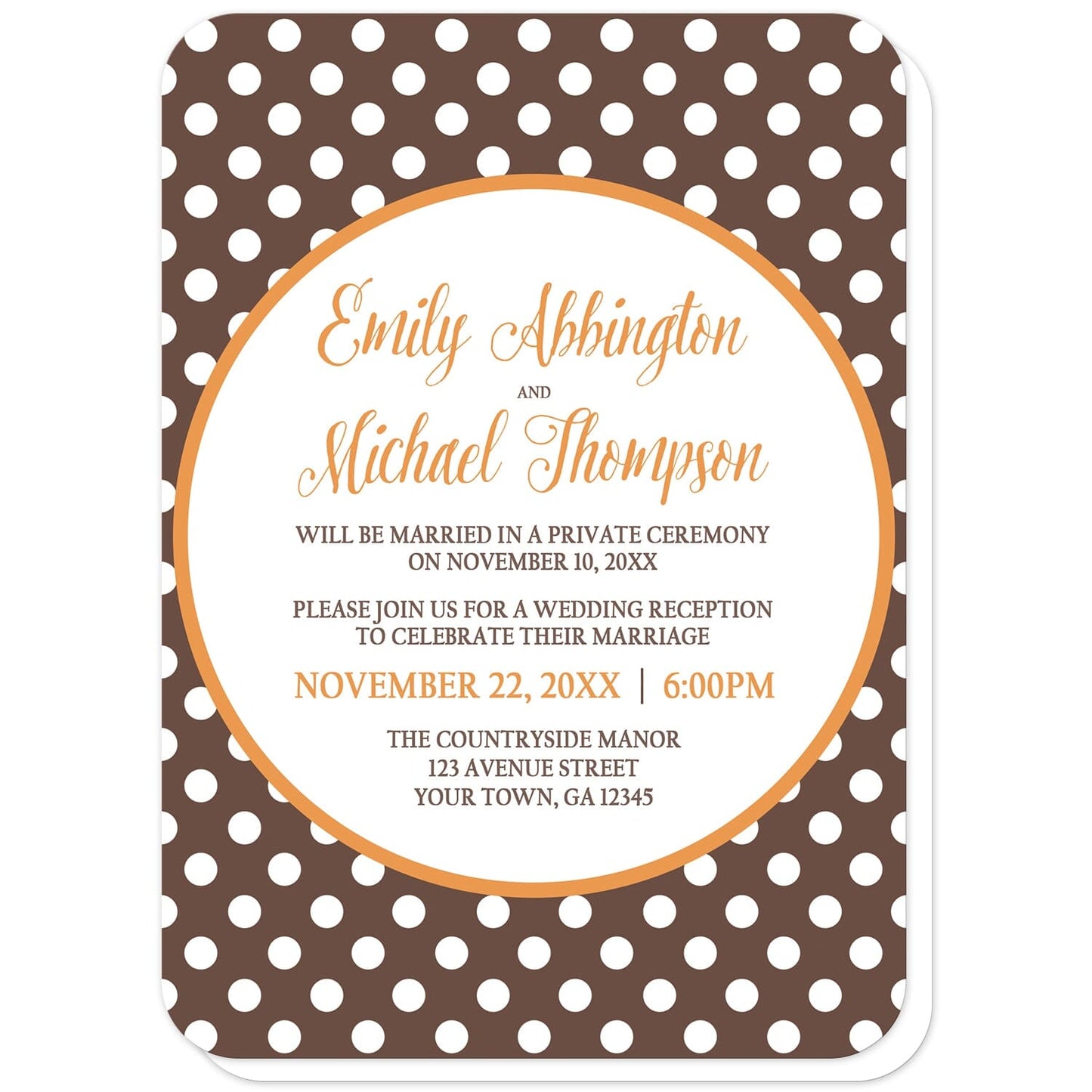 Orange Brown Polka Dot Reception Only Invitations (with rounded corners) at Artistically Invited. Autumn-inspired orange brown polka dot reception only invitations with your post-wedding reception details custom printed in orange and brown inside a white circle outlined in orange, over a brown polka dot pattern. The couple's names and reception date are printed in orange while the remaining details are printed in brown.