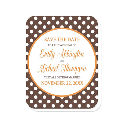 Orange Brown Polka Dot Save the Date Cards (with rounded corners) at Artistically Invited. Autumn-inspired orange brown polka dot save the date cards with your personalized wedding date announcement details custom printed in orange and brown inside a white circle outlined in orange, over a brown polka dot pattern. "Save the date", the couple's names, and the wedding date are printed in orange while the remaining details are printed in brown.