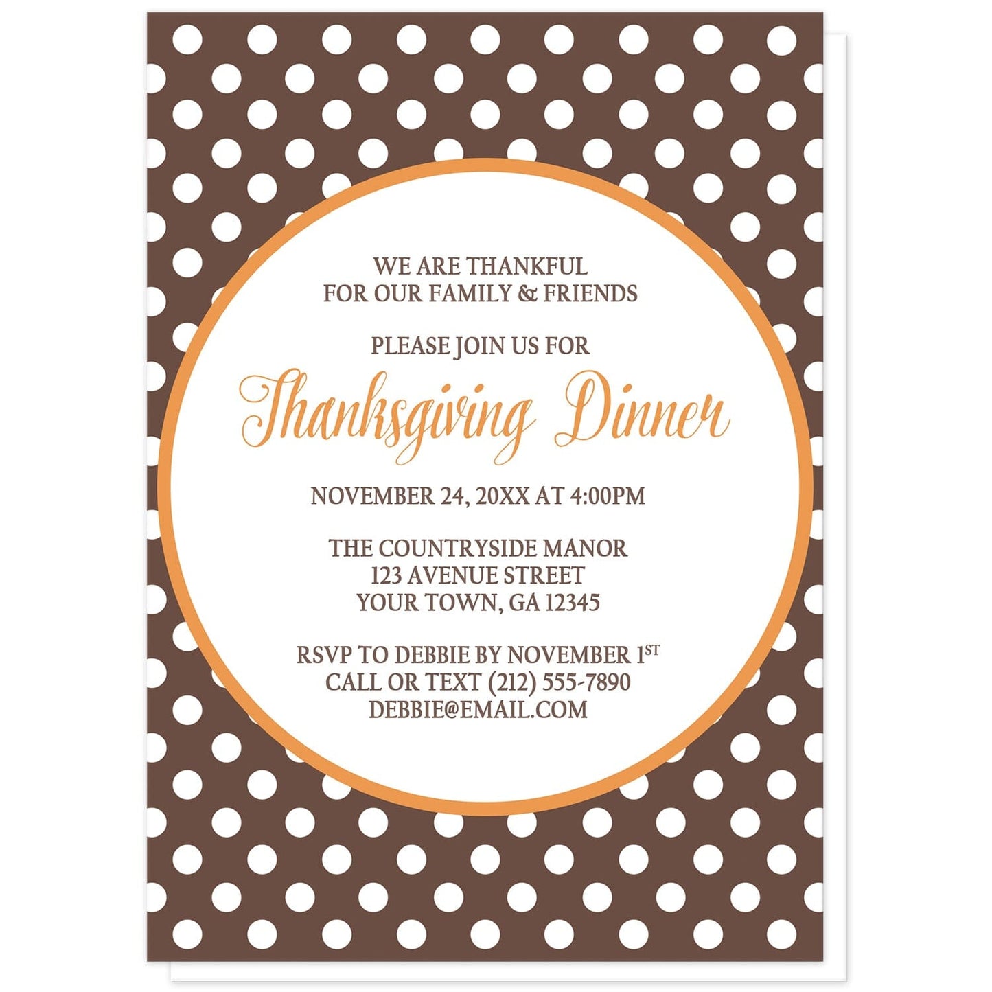 Orange Brown Polka Dot Thanksgiving Invitations at Artistically Invited. Autumn-inspired orange brown polka dot Thanksgiving invitations with your holiday celebration details custom printed in orange and brown inside a white circle outlined in orange, over a brown polka dot pattern. "Thanksgiving Dinner" is printed in orange while the remaining details are printed in brown.
