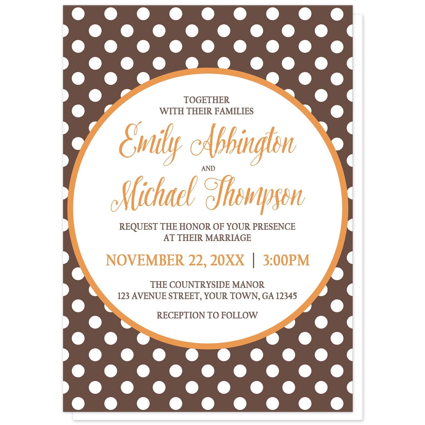 Orange Brown Polka Dot Wedding Invitations at Artistically Invited. Autumn-inspired orange brown polka dot wedding invitations with your marriage celebration details custom printed in orange and brown inside a white circle outlined in orange, over a brown polka dot pattern. The couple's names and wedding date are printed in orange while the remaining details are printed in brown.