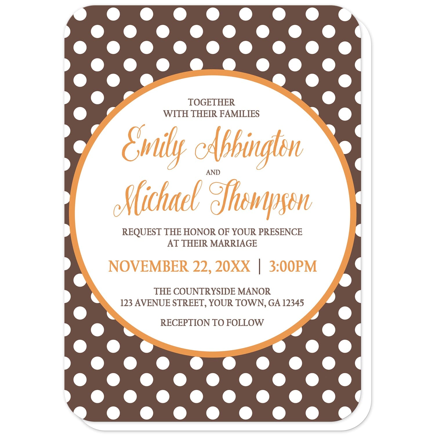 Orange Brown Polka Dot Wedding Invitations (with rounded corners) at Artistically Invited. Autumn-inspired orange brown polka dot wedding invitations with your marriage celebration details custom printed in orange and brown inside a white circle outlined in orange, over a brown polka dot pattern. The couple's names and wedding date are printed in orange while the remaining details are printed in brown.