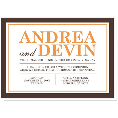 Orange and Brown Autumn Reception Only Invitations at Artistically Invited. Fall-inspired orange and brown autumn reception only invitations with a simple modern minimalist orange and brown typography design and border.