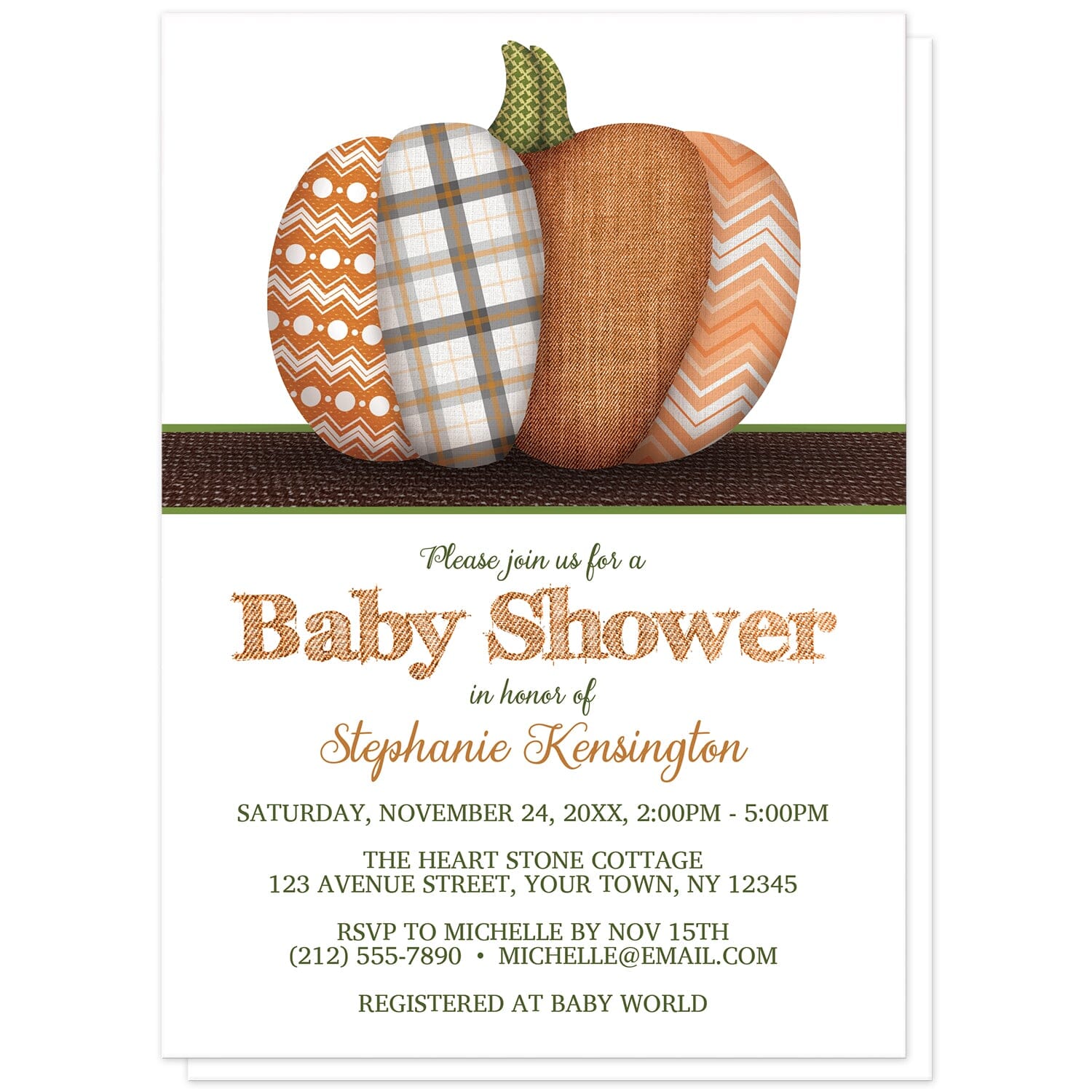 Patchwork Pumpkin Autumn Baby Shower Invitations at Artistically Invited. Rustic patchwork pumpkin autumn baby shower invitations with an illustration of a pumpkin divided into sections covered in patterns and textures designs, such as plaid, polka dots, chevron zigzags, and orange denim. 