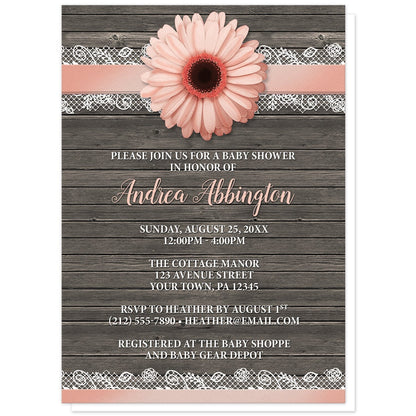 Peach Daisy Lace Rustic Wood Baby Shower Invitations at Artistically Invited. Peach daisy lace rustic wood baby shower invitations with a peach daisy flower centered at the top on a peach and white lace ribbon illustration, over a country brown wood background. Your personalized bridal shower celebration details are custom printed in peach and white over the rustic wood design. 