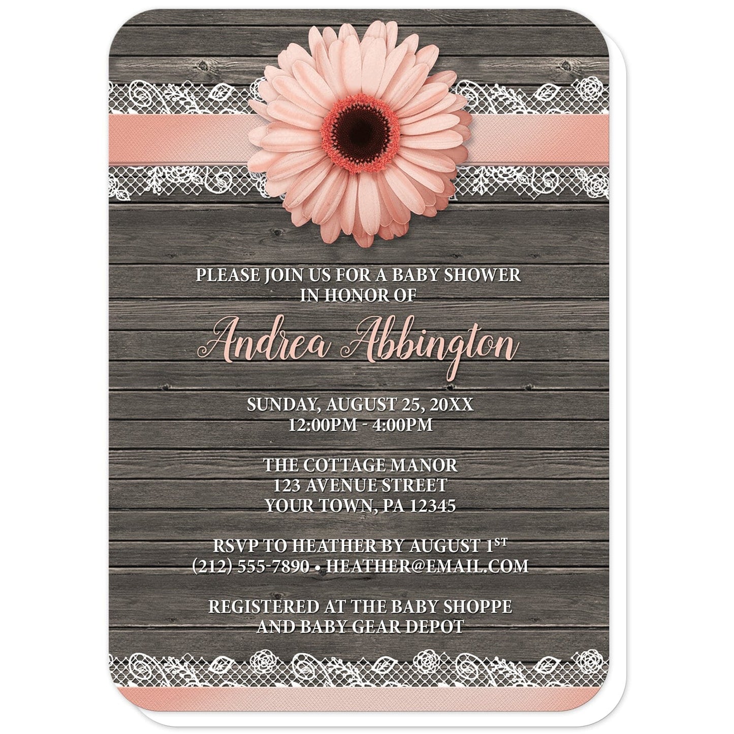 Peach Daisy Lace Rustic Wood Baby Shower Invitations (with rounded corners) at Artistically Invited. Peach daisy lace rustic wood baby shower invitations with a peach daisy flower centered at the top on a peach and white lace ribbon illustration, over a country brown wood background. Your personalized bridal shower celebration details are custom printed in peach and white over the rustic wood design. 