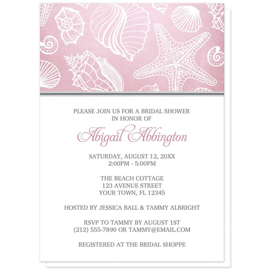 Pink Beach Seashell Pattern Bridal Shower Invitations at Artistically Invited. Pink beach seashell pattern bridal shower invitations with a white line seashell pattern over an organic-like beachy pink background. Your personalized bridal shower celebration details are custom printed in pink and gray on white below the pink seashell pattern. 