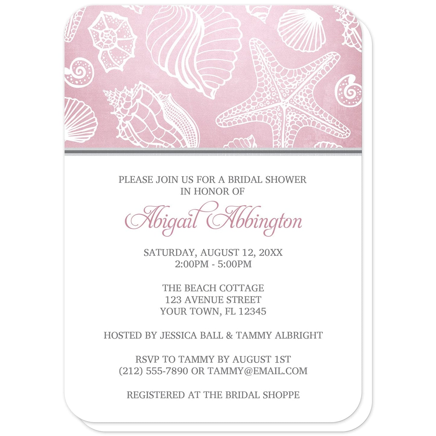 Pink Beach Seashell Pattern Bridal Shower Invitations (with rounded corners) at Artistically Invited. Pink beach seashell pattern bridal shower invitations with a white line seashell pattern over an organic-like beachy pink background. Your personalized bridal shower celebration details are custom printed in pink and gray on white below the pink seashell pattern. 