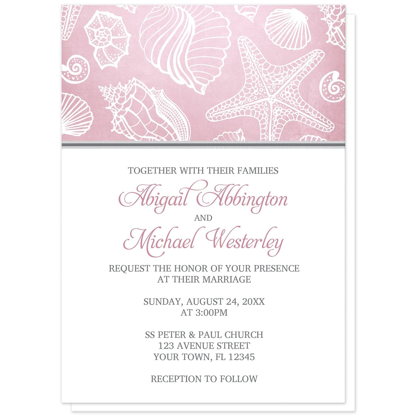 Pink Beach Seashell Pattern Wedding Invitations at Artistically Invited. Pink beach seashell pattern wedding invitations with a white line seashell pattern over an organic-like beachy pink background. Your personalized marriage celebration details are custom printed in pink and gray on white below the pink seashell pattern. 
