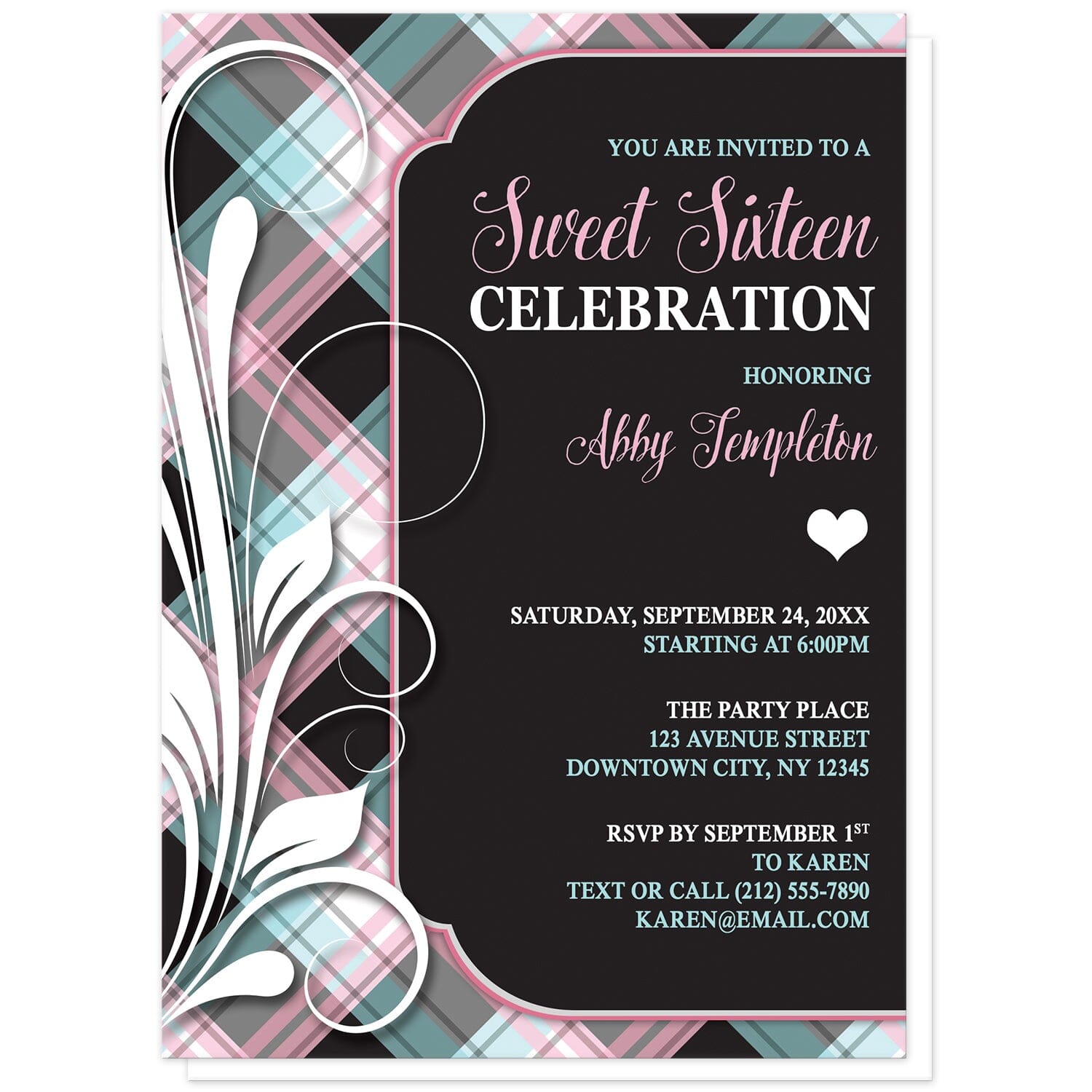 Pink Blue and Black Plaid Flourish Sweet 16 Invitations at Artistically Invited. Modern and alternative pink blue and black plaid flourish sweet 16 invitations with your personalized birthday party details custom printed over a solid black frame design to the right sided with a large white flourish over a pink, blue, and black plaid pattern background along the left side.