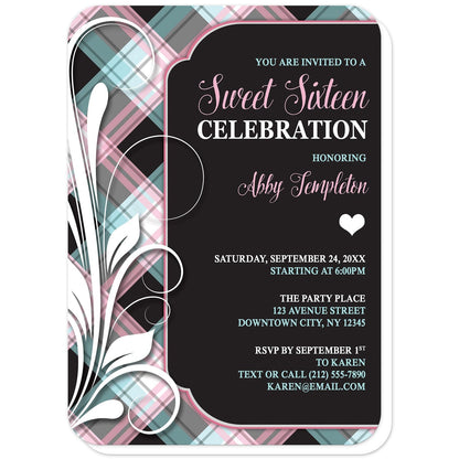 Pink Blue and Black Plaid Flourish Sweet 16 Invitations (with rounded corners) at Artistically Invited. Modern and alternative pink blue and black plaid flourish sweet 16 invitations with your personalized birthday party details custom printed over a solid black frame design to the right sided with a large white flourish over a pink, blue, and black plaid pattern background along the left side.