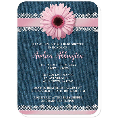 Pink Daisy Lace Rustic Denim Baby Shower Invitations (with rounded corners) at Artistically Invited. Southern-inspired pink daisy lace rustic denim baby shower invitations with a pink daisy flower image centered at the top on a pink and white lace ribbon illustration. Your personalized baby shower celebration details are custom printed in pink and white over a country blue denim background.
