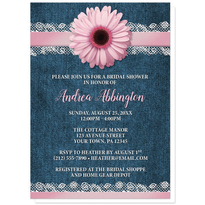 Pink Daisy Lace Rustic Denim Bridal Shower Invitations at Artistically Invited. Southern-inspired pink daisy lace rustic denim bridal shower invitations with a pink daisy flower image centered at the top on a pink and white lace ribbon illustration. Your personalized bridal shower celebration details are custom printed in pink and white over a country blue denim background.