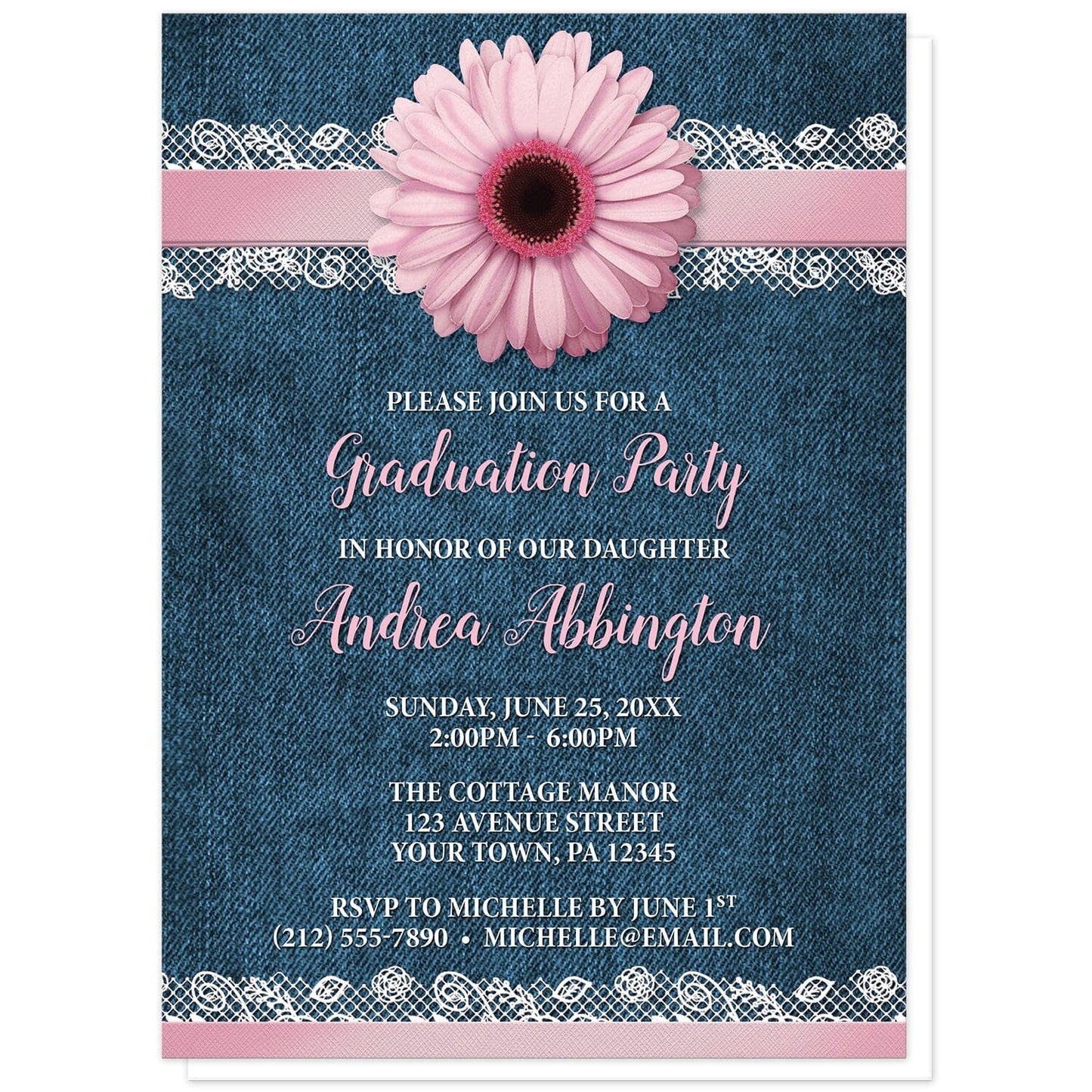 Pink Daisy Lace Rustic Denim Graduation Invitations at Artistically Invited. Southern-inspired pink daisy lace rustic denim graduation invitations with a pink daisy flower image centered at the top on a pink and white lace ribbon illustration. Your personalized graduation party details are custom printed in pink and white over a country blue denim background.
