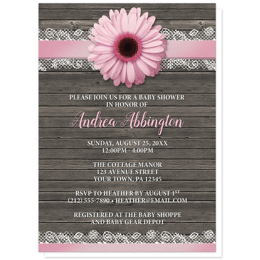 Pink Daisy Lace Rustic Wood Baby Shower Invitations at Artistically Invited. Southern-inspired pink daisy lace rustic wood baby shower invitations with a pink daisy flower image centered at the top on a pink and white lace ribbon illustration. Your personalized baby shower celebration details are custom printed in pink and white over a country brown wood background.