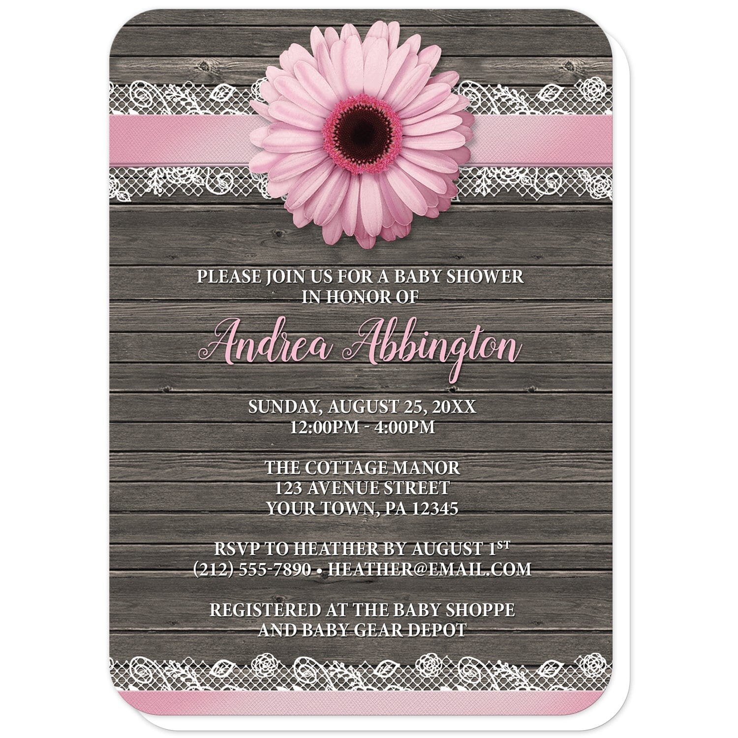 Pink Daisy Lace Rustic Wood Baby Shower Invitations (with rounded corners) at Artistically Invited. Southern-inspired pink daisy lace rustic wood baby shower invitations with a pink daisy flower image centered at the top on a pink and white lace ribbon illustration. Your personalized baby shower celebration details are custom printed in pink and white over a country brown wood background.