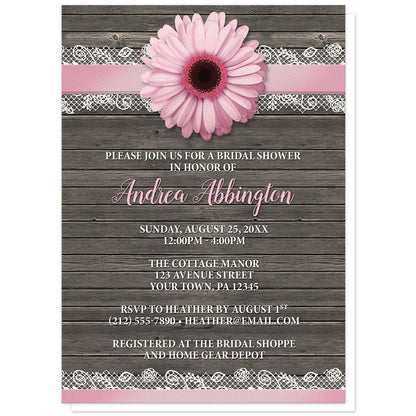 Pink Daisy Lace Rustic Wood Bridal Shower Invitations at Artistically Invited. Southern-inspired pink daisy lace rustic wood bridal shower invitations with a pink daisy flower image centered at the top on a pink and white lace ribbon illustration. Your personalized bridal shower celebration details are custom printed in pink and white over a country brown wood background.