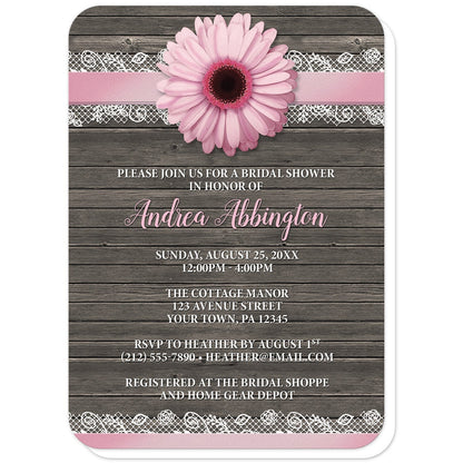 Pink Daisy Lace Rustic Wood Bridal Shower Invitations (with rounded corners) at Artistically Invited. Southern-inspired pink daisy lace rustic wood bridal shower invitations with a pink daisy flower image centered at the top on a pink and white lace ribbon illustration. Your personalized bridal shower celebration details are custom printed in pink and white over a country brown wood background.
