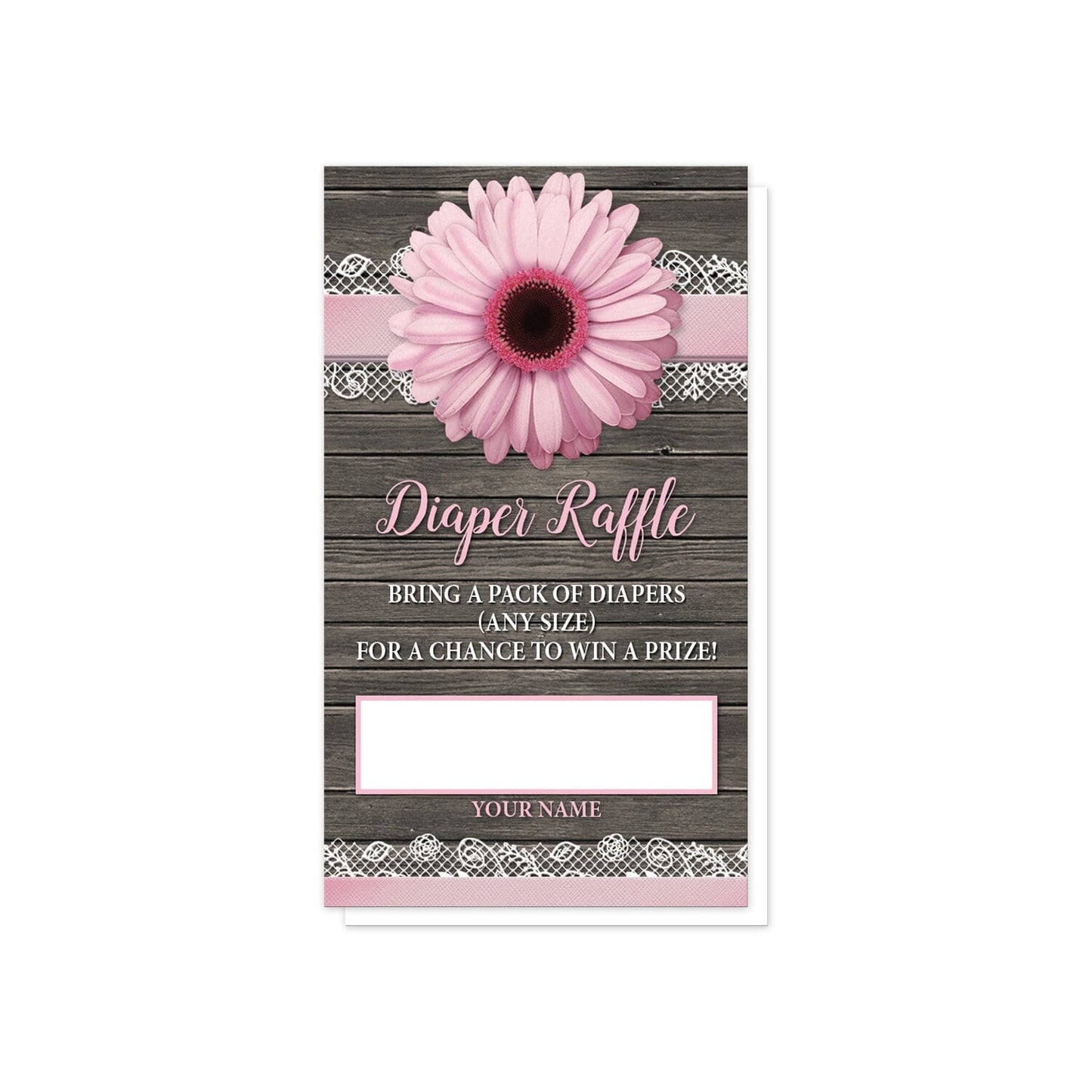Pink Daisy Lace Rustic Wood Diaper Raffle Cards at Artistically Invited. Southern-inspired pink daisy lace rustic wood bring a book cards designed with a pink daisy flower centered at the top on a pink and white lace ribbon illustration, over a country brown wood background. Your diaper raffle details are printed in pink and white with a white box for the name over the wood background below the pretty pink daisy.