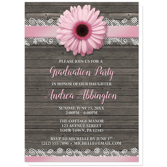 Pink Daisy Lace Rustic Wood Graduation Invitations at Artistically Invited. Southern-inspired pink daisy lace rustic wood graduation invitations with a pink daisy flower image centered at the top on a pink and white lace ribbon illustration. Your personalized graduation party details are custom printed in pink and white over a country brown wood background.