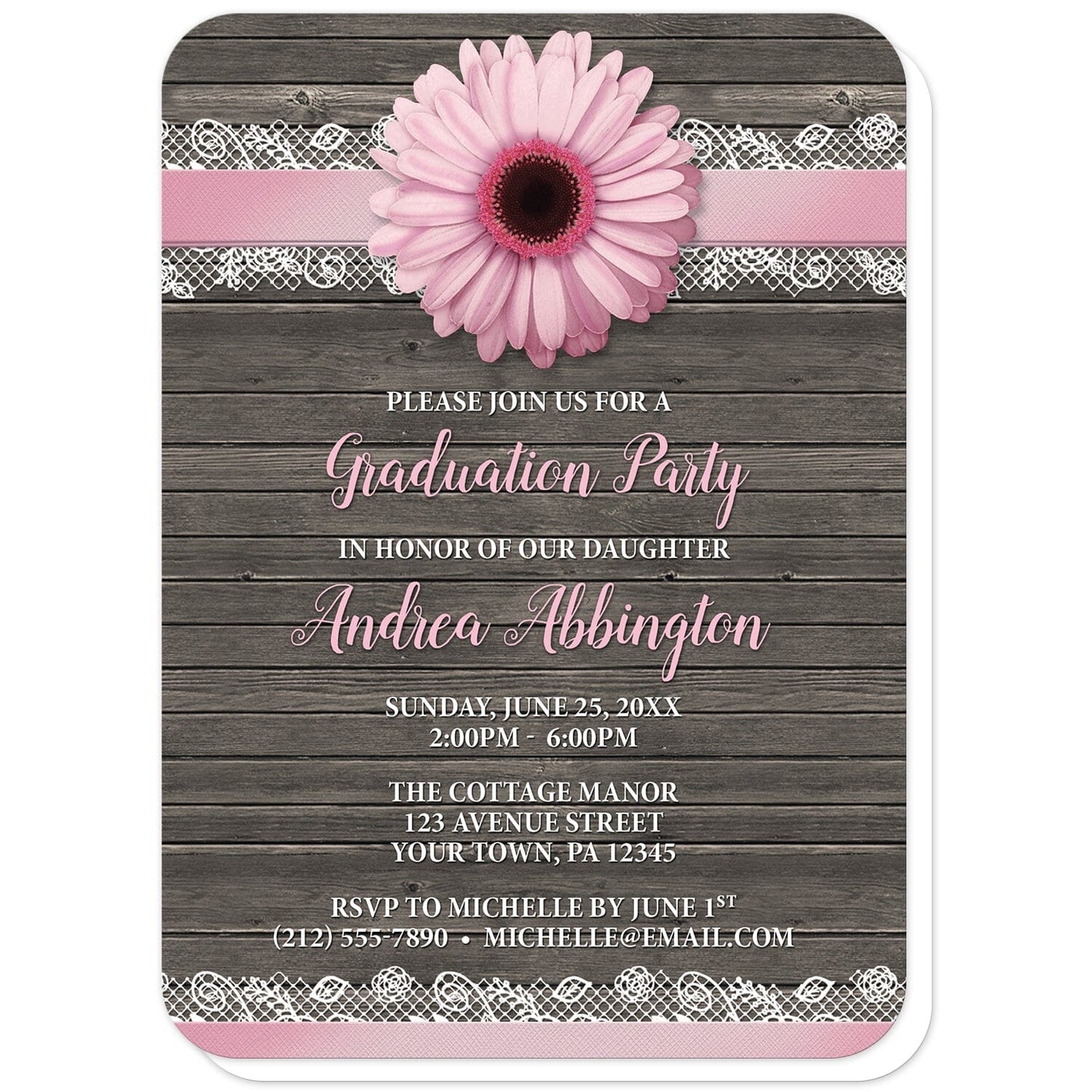 Pink Daisy Lace Rustic Wood Graduation Invitations (with rounded corners) at Artistically Invited. Southern-inspired pink daisy lace rustic wood graduation invitations with a pink daisy flower image centered at the top on a pink and white lace ribbon illustration. Your personalized graduation party details are custom printed in pink and white over a country brown wood background.