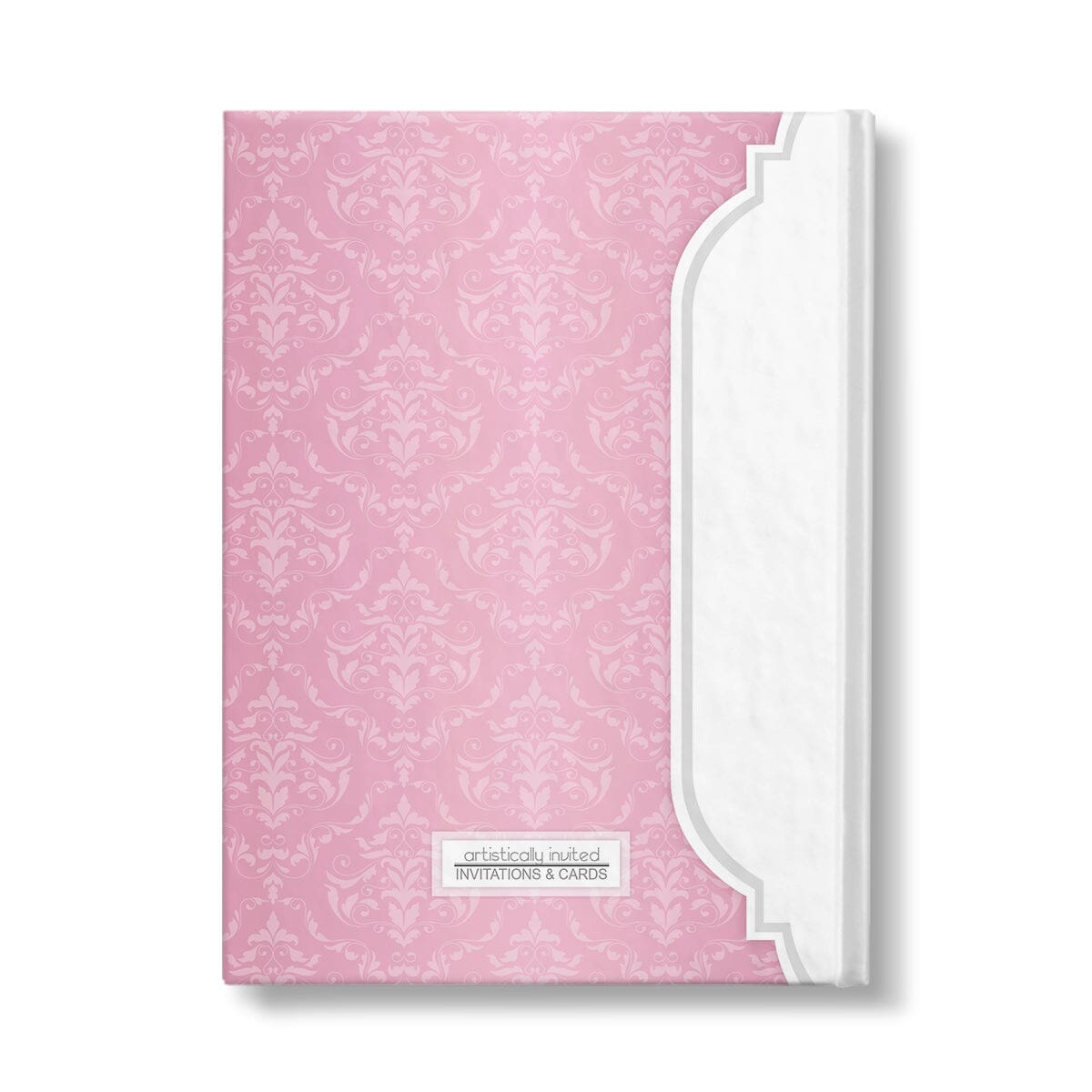 Personalized Pink Damask Journal at Artistically Invited. Back side of the book.