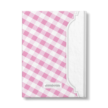 Personalized Pink Gingham Journal at Artistically Invited. Back side of the book.