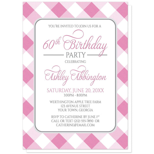 Pink Gingham Birthday Party Invitations at Artistically Invited. Pink gingham birthday party invitations with your personalized party details custom printed in pink and gray inside a white rectangular area outlined in gray. The background design is a diagonal pink and white gingham pattern. 