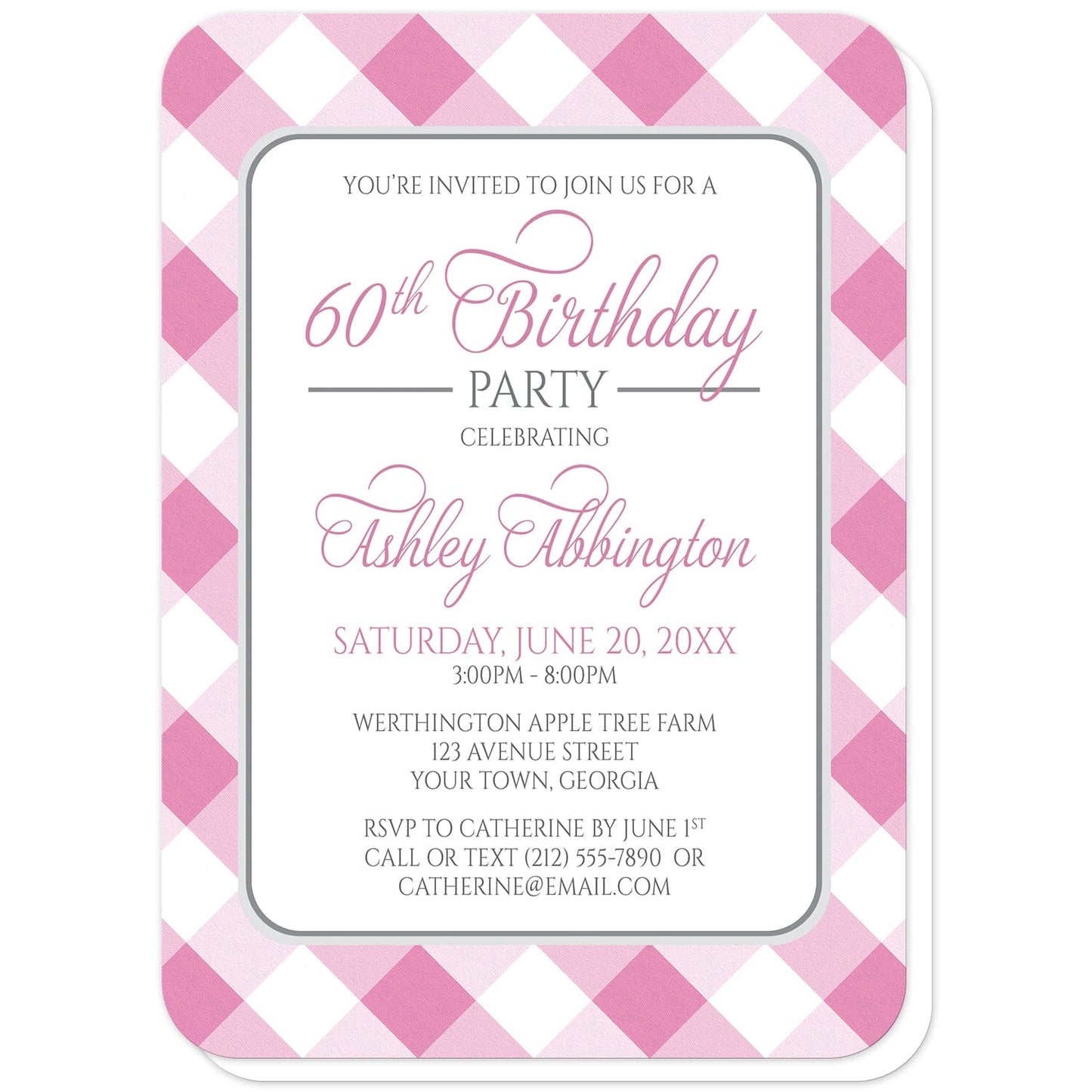Pink Gingham Birthday Party Invitations (with rounded corners) at Artistically Invited. Pink gingham birthday party invitations with your personalized party details custom printed in pink and gray inside a white rectangular area outlined in gray. The background design is a diagonal pink and white gingham pattern. 