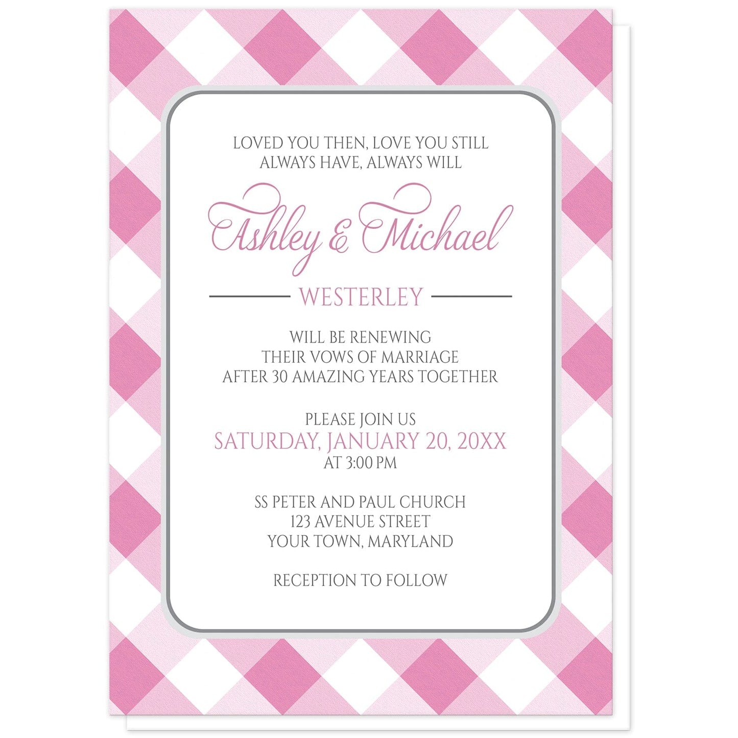 Pink Gingham Vow Renewal Invitations at Artistically Invited. Pink gingham vow renewal invitations with your personalized ceremony details custom printed in pink and gray inside a white rectangular area outlined in gray. The background design is a diagonal pink and white gingham pattern. 