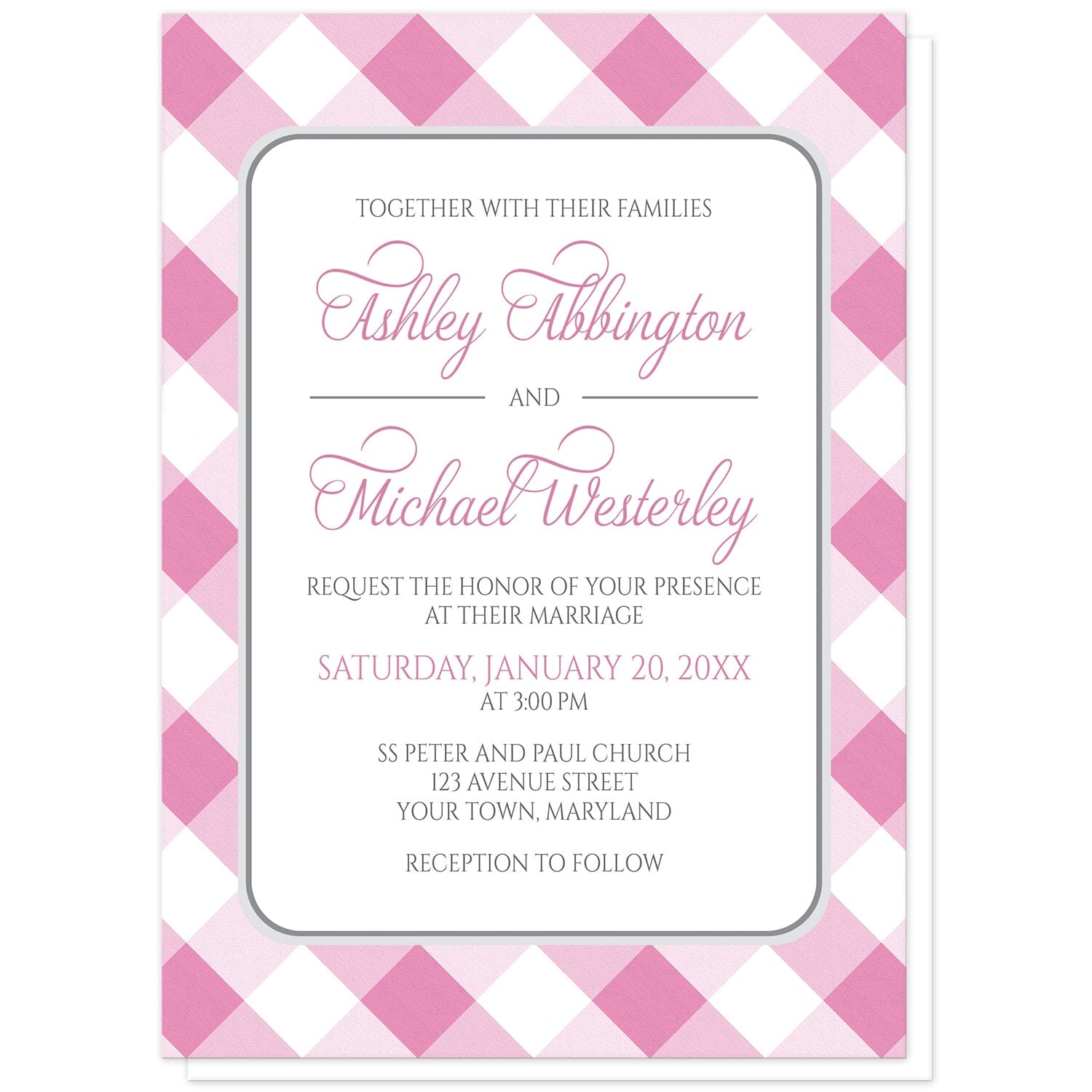 Pink Gingham Wedding Invitations at Artistically Invited. Pink gingham wedding invitations with your personalized wedding ceremony details custom printed in pink and gray inside a white rectangular area outlined in gray. The background design is a diagonal pink and white gingham check pattern. 