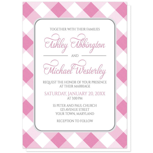 Pink Gingham Wedding Invitations at Artistically Invited. Pink gingham wedding invitations with your personalized wedding ceremony details custom printed in pink and gray inside a white rectangular area outlined in gray. The background design is a diagonal pink and white gingham check pattern. 