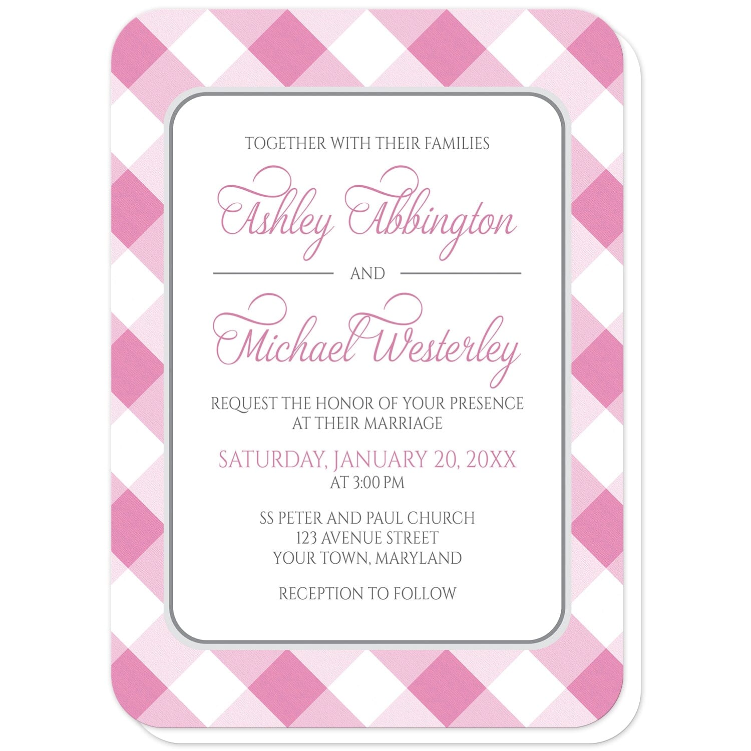 Pink Gingham Wedding Invitations (with rounded corners) at Artistically Invited. Pink gingham wedding invitations with your personalized wedding ceremony details custom printed in pink and gray inside a white rectangular area outlined in gray. The background design is a diagonal pink and white gingham check pattern. 