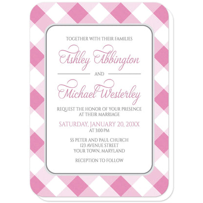 Pink Gingham Wedding Invitations (with rounded corners) at Artistically Invited. Pink gingham wedding invitations with your personalized wedding ceremony details custom printed in pink and gray inside a white rectangular area outlined in gray. The background design is a diagonal pink and white gingham check pattern. 