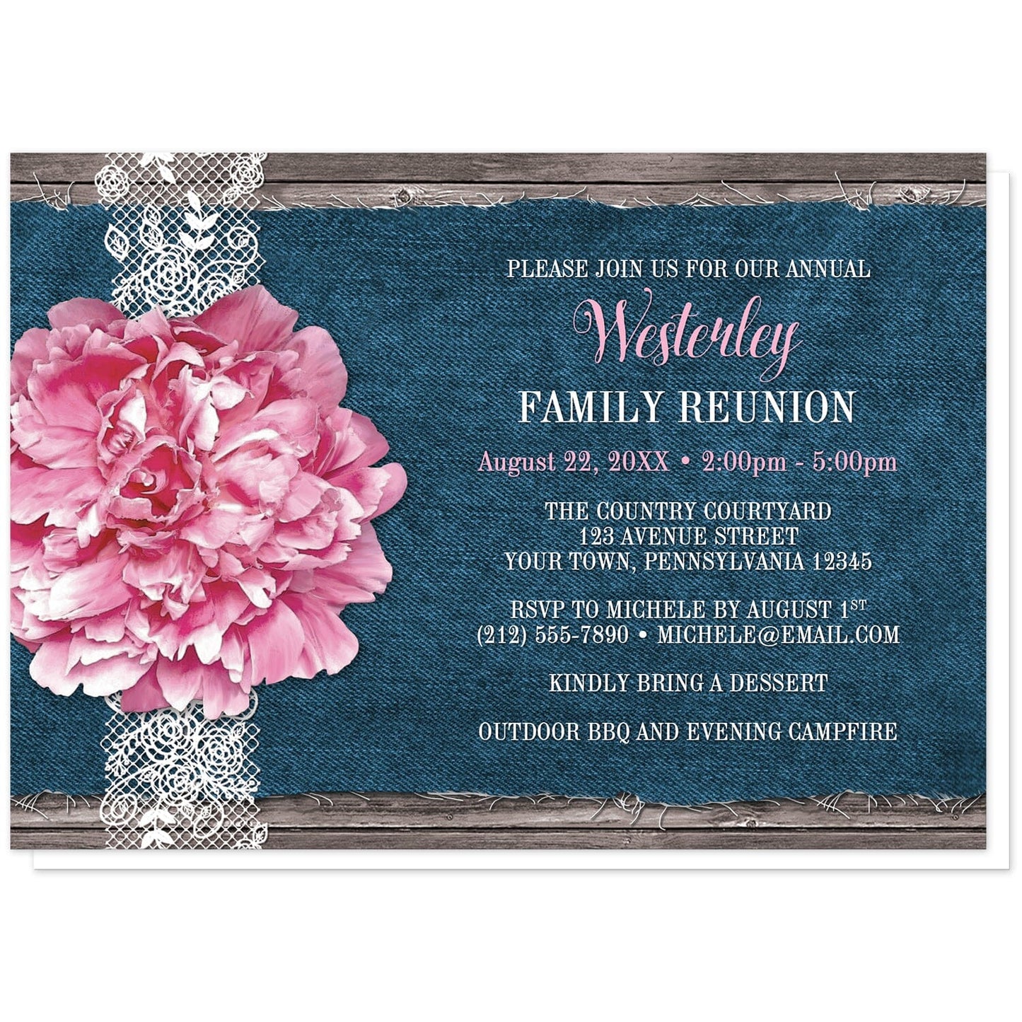 Pink Peony Denim and Lace Rustic Family Reunion Invitations at Artistically Invited. Southern-inspired pink peony denim and lace rustic family reunion invitations with a pretty pink peony flower on a white lace ribbon design on the left side over a fraying navy blue denim illustration on a rustic wood background. Your personalized reunion celebration details are custom printed in white and pink over the blue denim design. 