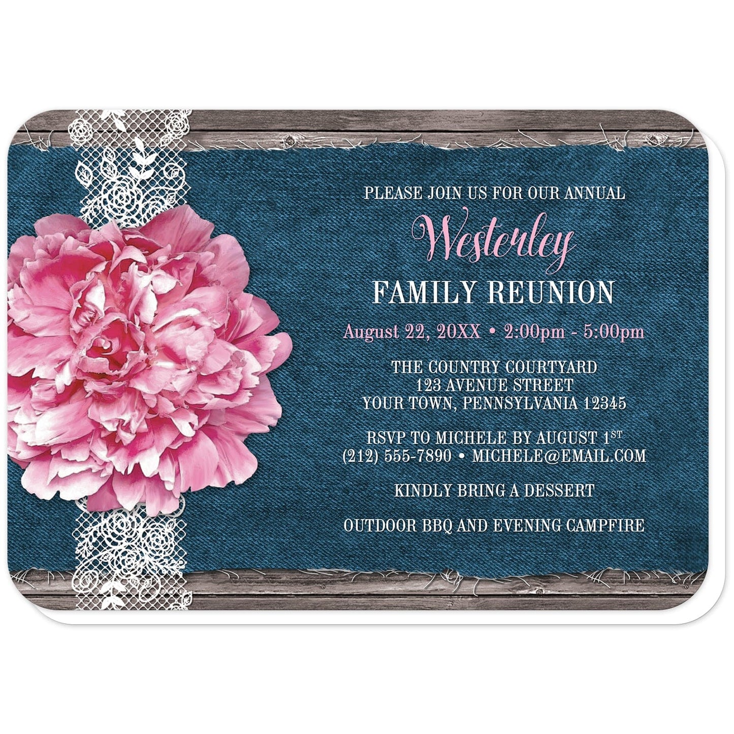 Pink Peony Denim and Lace Rustic Family Reunion Invitations (with rounded corners) at Artistically Invited. Southern-inspired pink peony denim and lace rustic family reunion invitations with a pretty pink peony flower on a white lace ribbon design on the left side over a fraying navy blue denim illustration on a rustic wood background. Your personalized reunion celebration details are custom printed in white and pink over the blue denim design. 