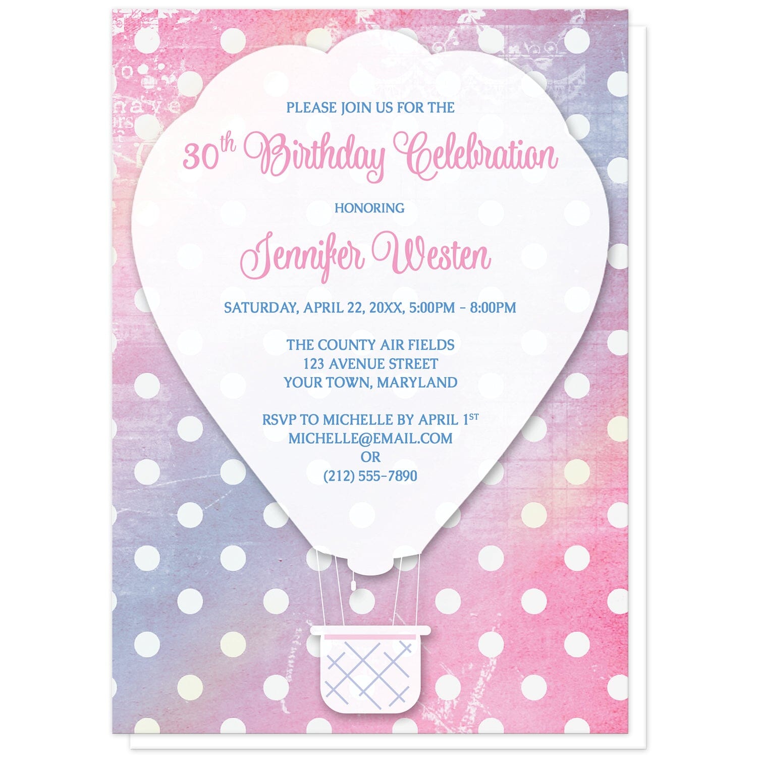 Pink Polka Dot Hot Air Balloon Birthday Invitations at Artistically Invited. Whimsical pink polka dot hot air balloon birthday invitations with a white silhouette hot air balloon over a pink, blue, and yellow rustic background covered in a white polka dot pattern. Your personalized birthday details are custom printed in pink and blue over the white hot air balloon. 