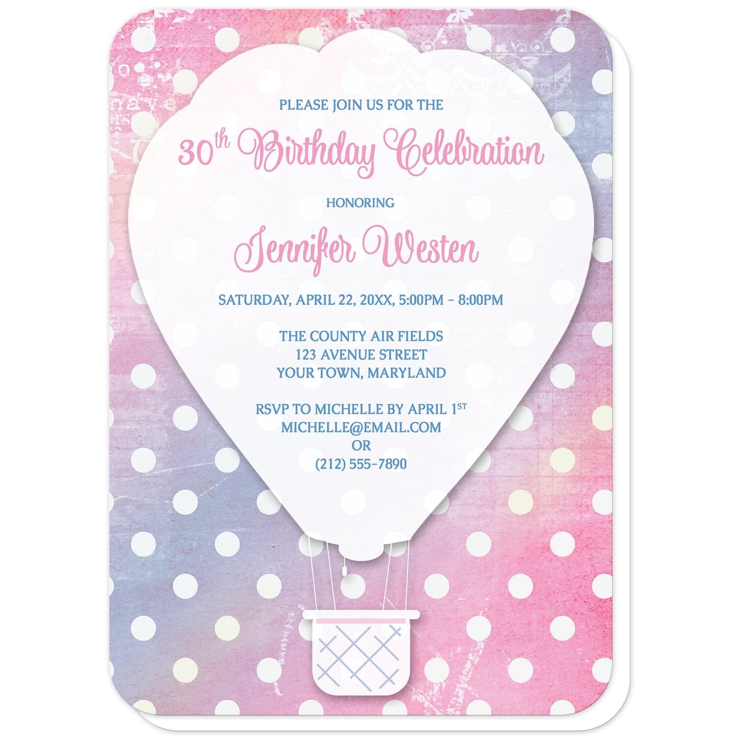 Pink Polka Dot Hot Air Balloon Birthday Invitations (with rounded corners) at Artistically Invited. Whimsical pink polka dot hot air balloon birthday invitations with a white silhouette hot air balloon over a pink, blue, and yellow rustic background covered in a white polka dot pattern. Your personalized birthday details are custom printed in pink and blue over the white hot air balloon. 